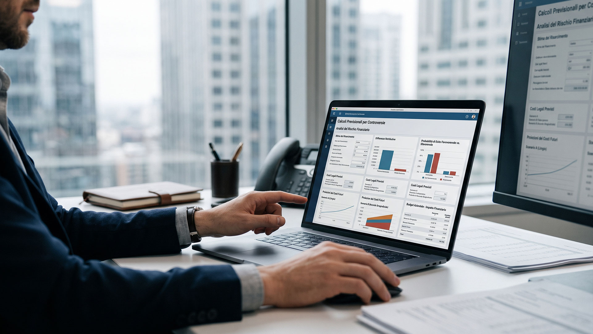 Professionista analizza dashboard con calcoli prospettici e stime del rischio finanziario per vertenze di lavoro.