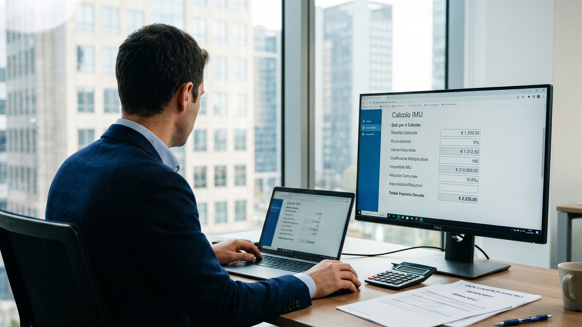 Professionista esegue il calcolo IMU su documenti fiscali immobiliari tramite computer in ufficio.