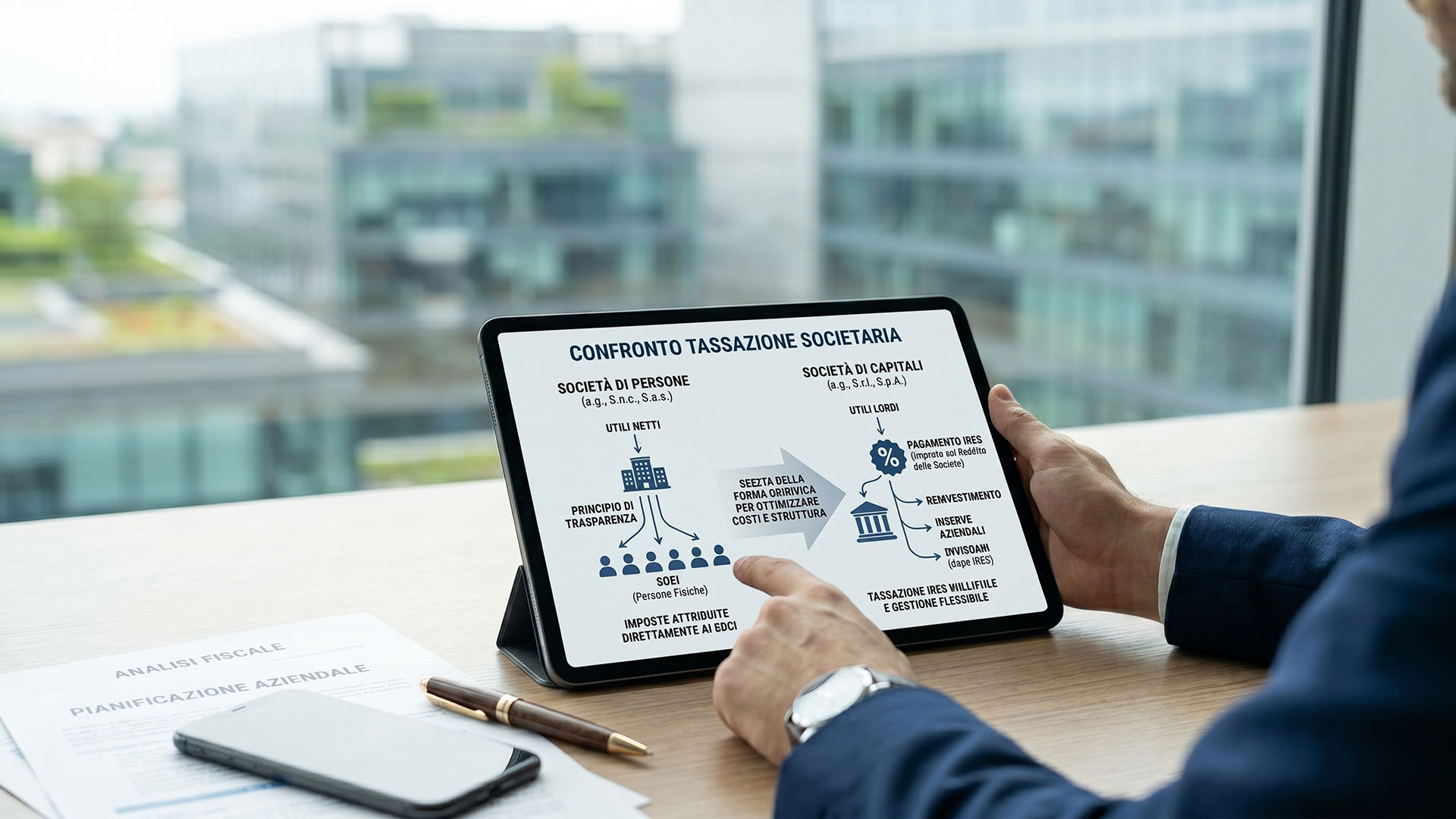 Professionista mostra su un tablet un grafico di confronto tra la tassazione di società di persone e società di capitali.