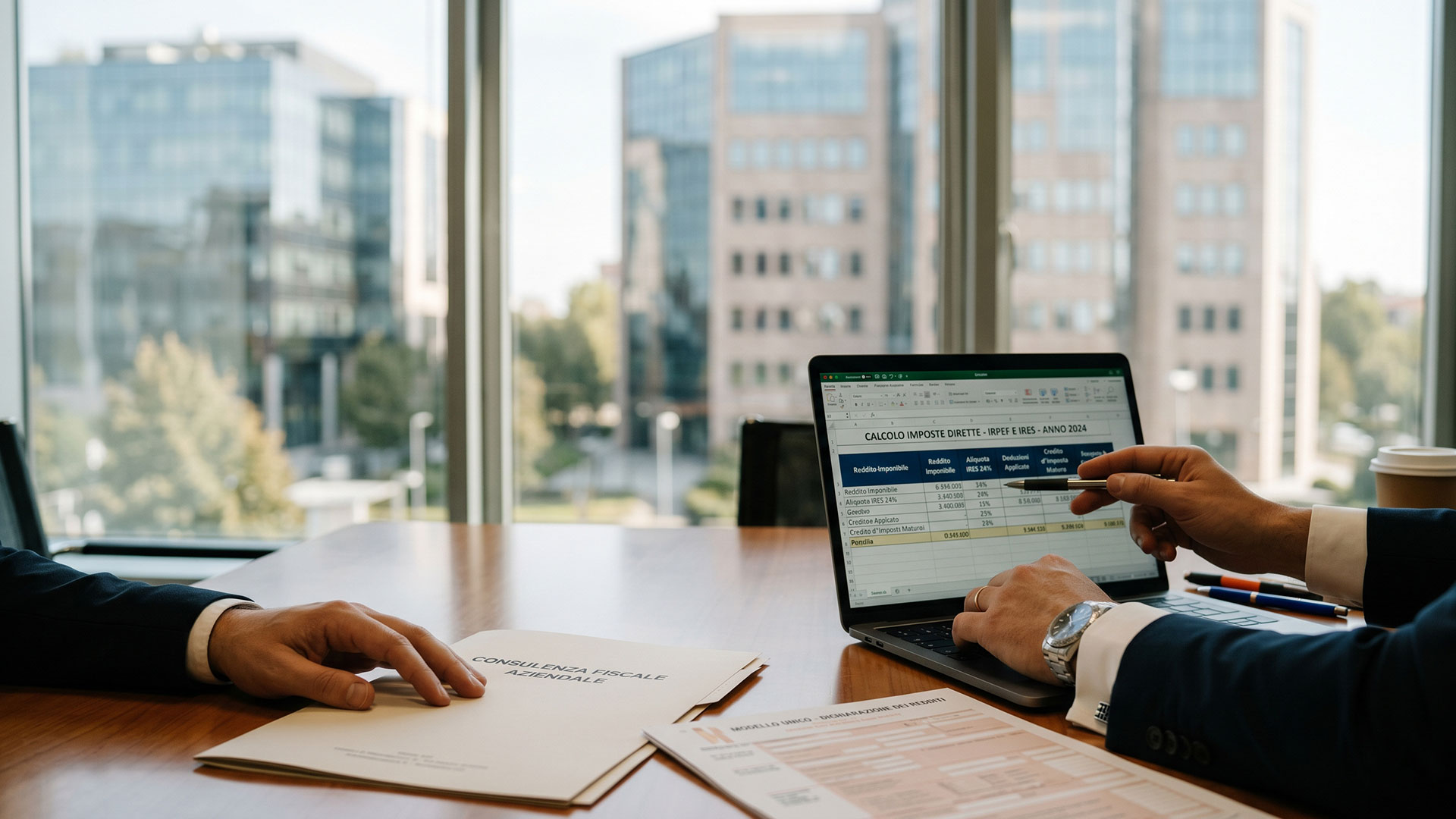 Professionisti analizzano i dati per il calcolo delle imposte dirette IRPEF e IRES in ufficio.