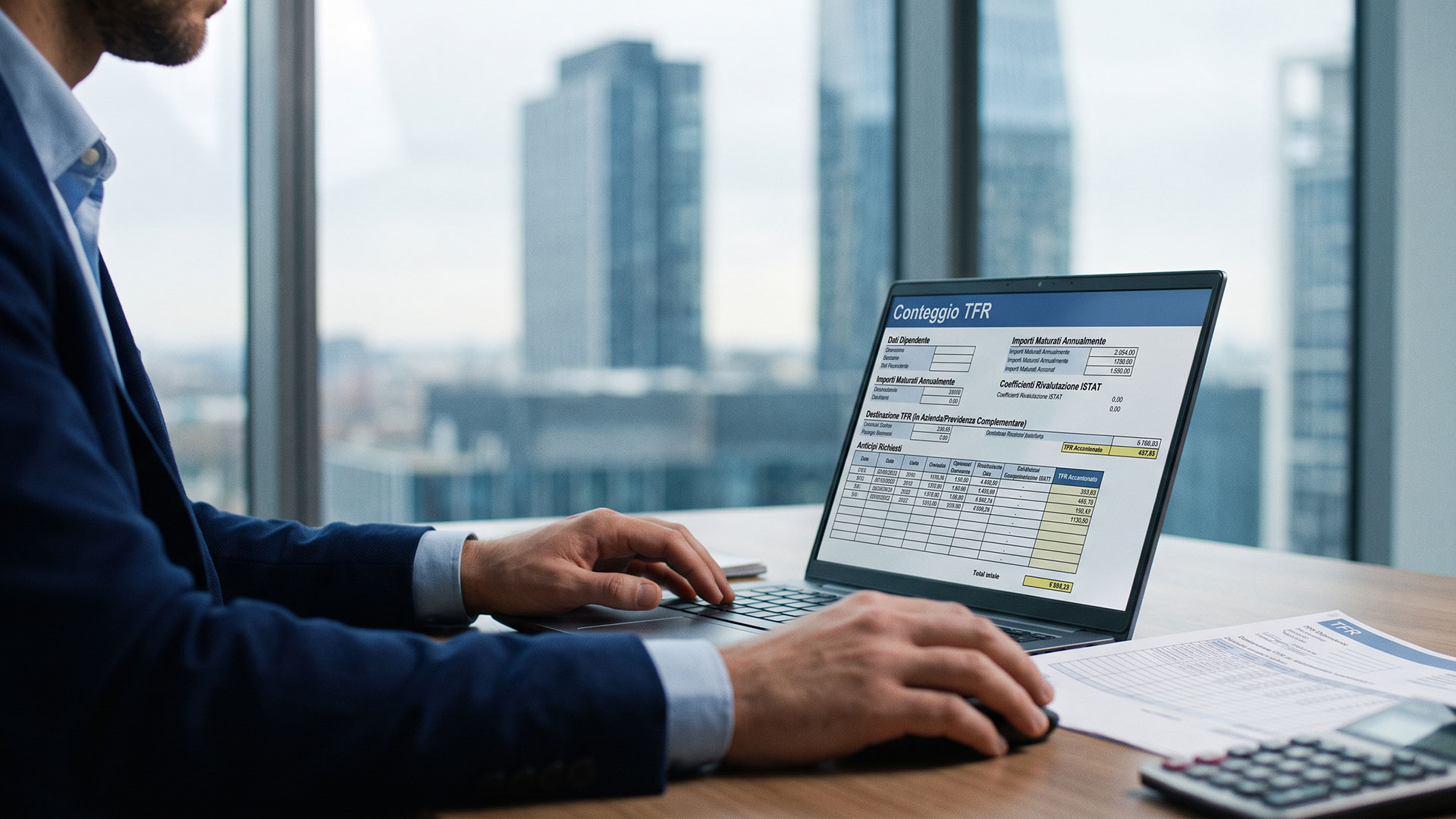 Professionista al laptop esegue il calcolo delle quote accantonate e della rivalutazione ISTAT per il conteggio TFR.