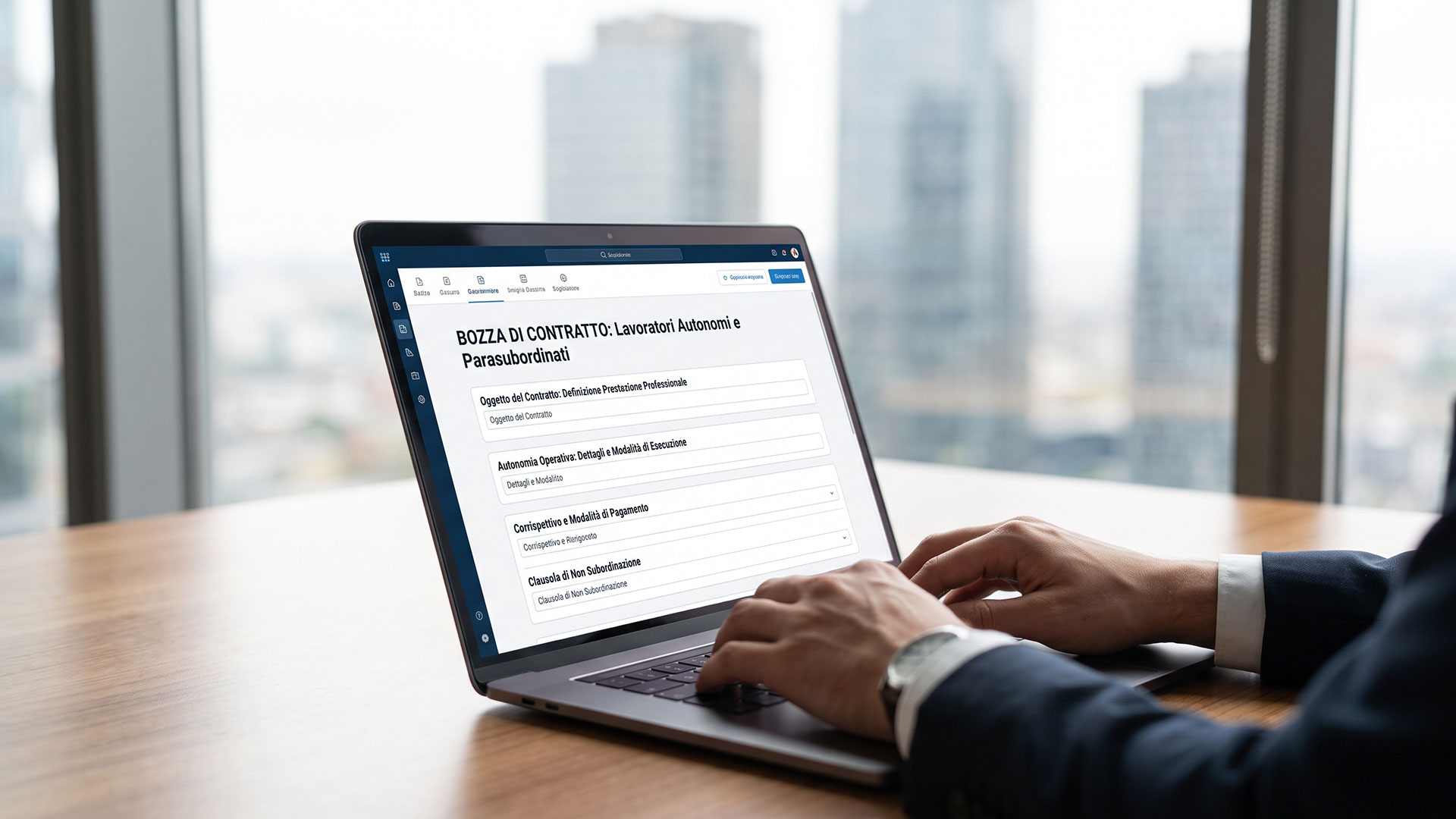 Professionista che redige bozze di contratto per lavoratori autonomi e collaborazioni parasubordinate.