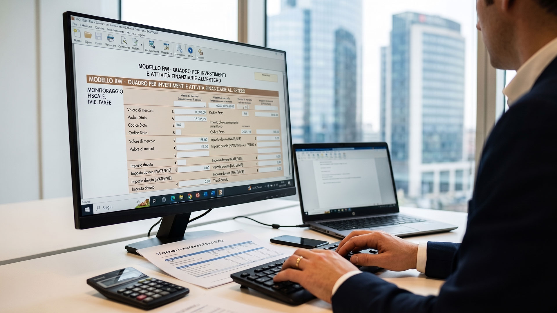 Professionista che compila il modello del quadro RW per il monitoraggio di investimenti e attività finanziarie all'estero.