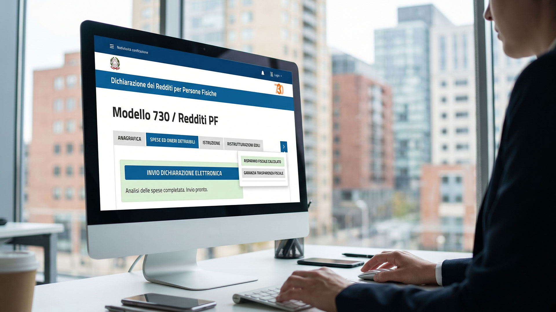 Professionista compila online il Modello 730 per la dichiarazione dei redditi e l'analisi delle detrazioni fiscali.