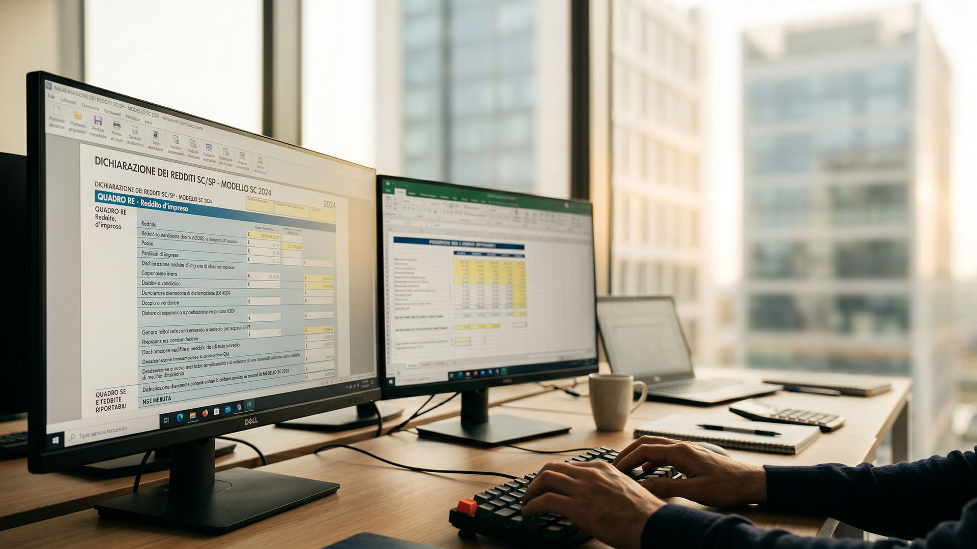 Professionista lavora alla dichiarazione dei redditi societari Modello Redditi SC su postazione con doppio monitor.