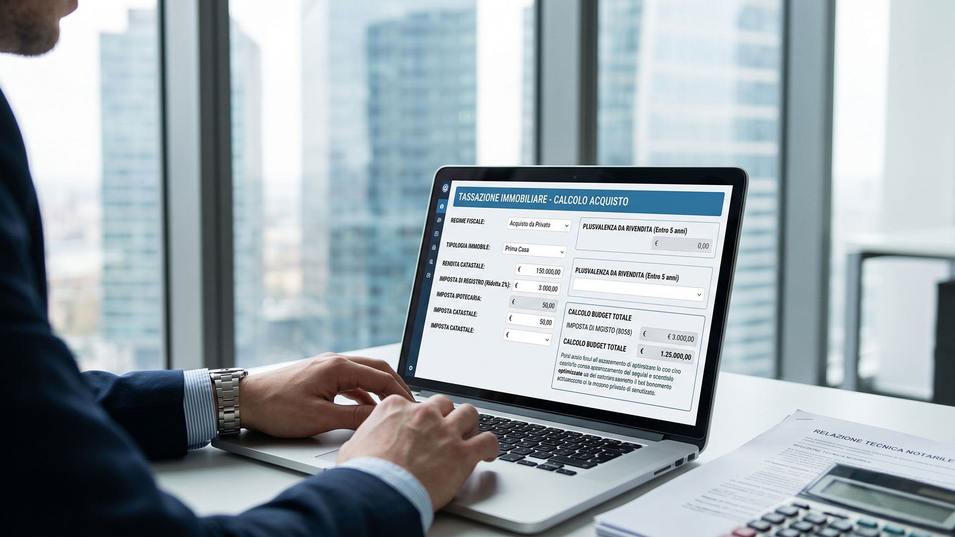 Professionista utilizza un software di calcolo per la fiscalità delle compravendite immobiliari e delle plusvalenze.