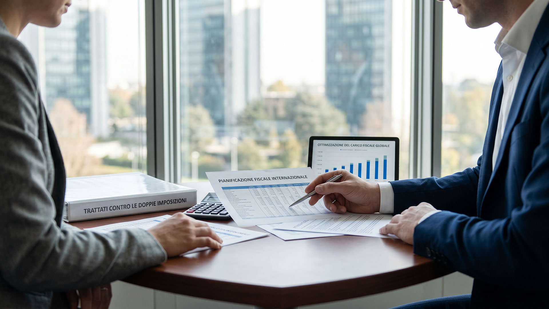 Consulenti aziendali analizzano trattati contro le doppie imposizioni e pianificazione fiscale internazionale in ufficio.