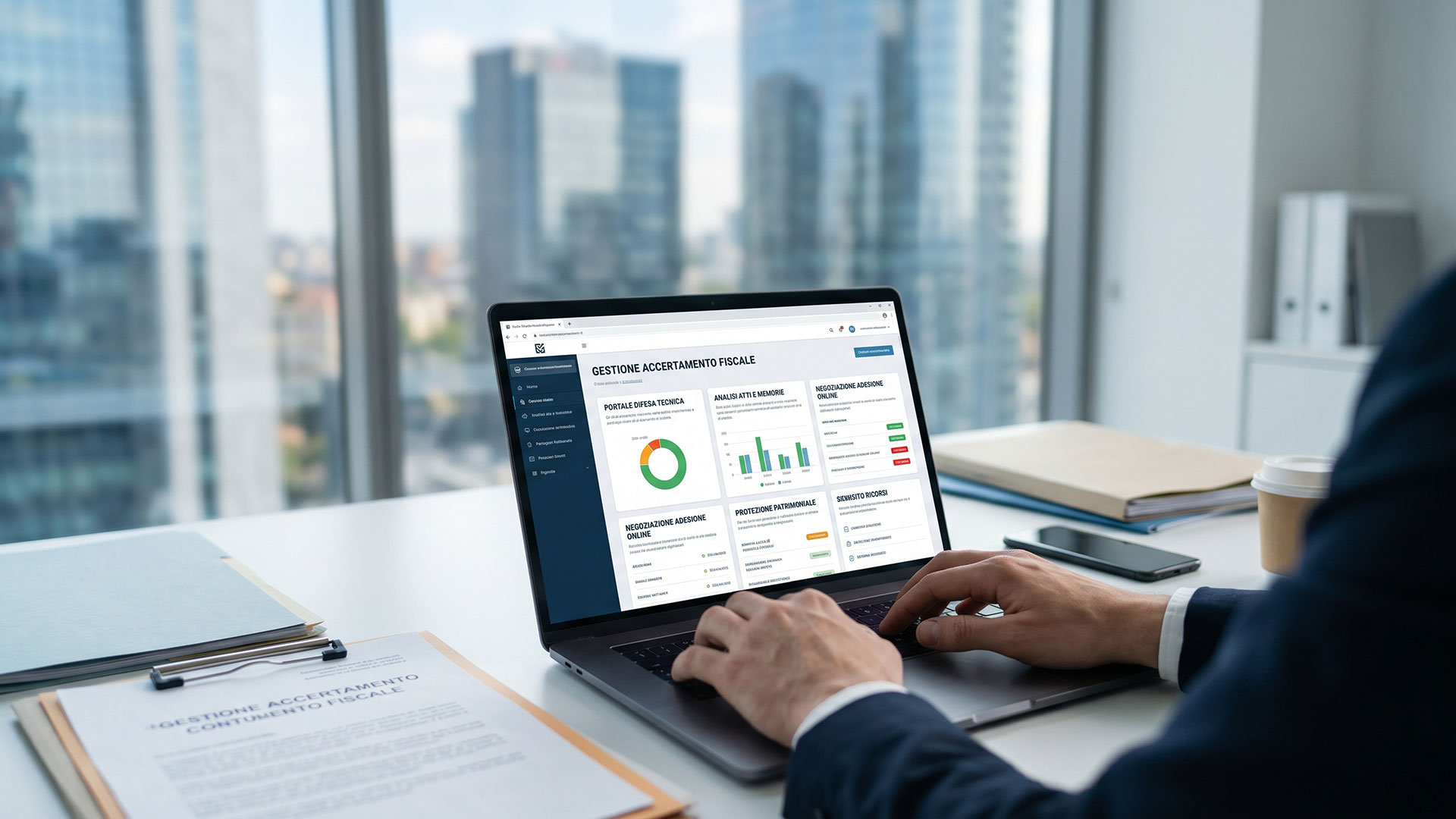 Professionista esperto in gestione accertamenti fiscali utilizza un software dedicato per l'analisi e la difesa tecnica.
