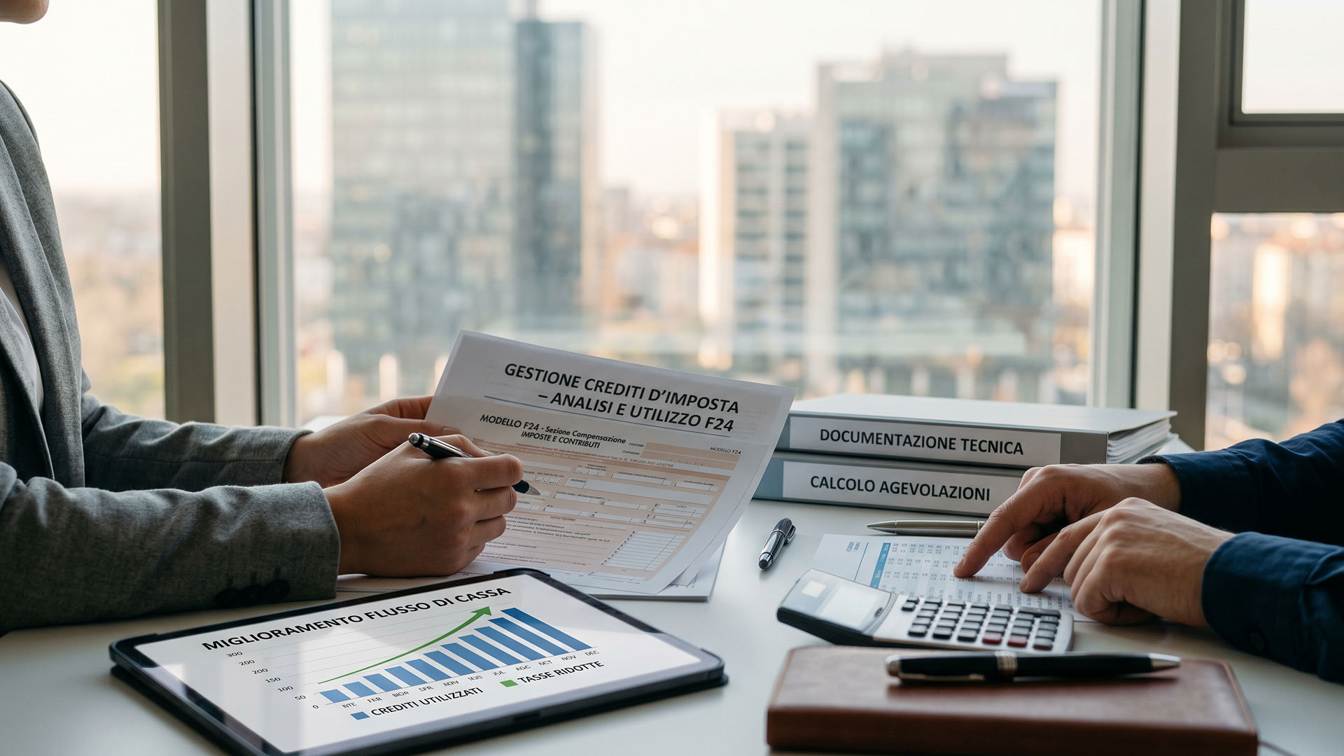 Consulenti aziendali analizzano la gestione dei crediti d'imposta e la compensazione tramite modello F24 per migliorare il flusso di cassa.