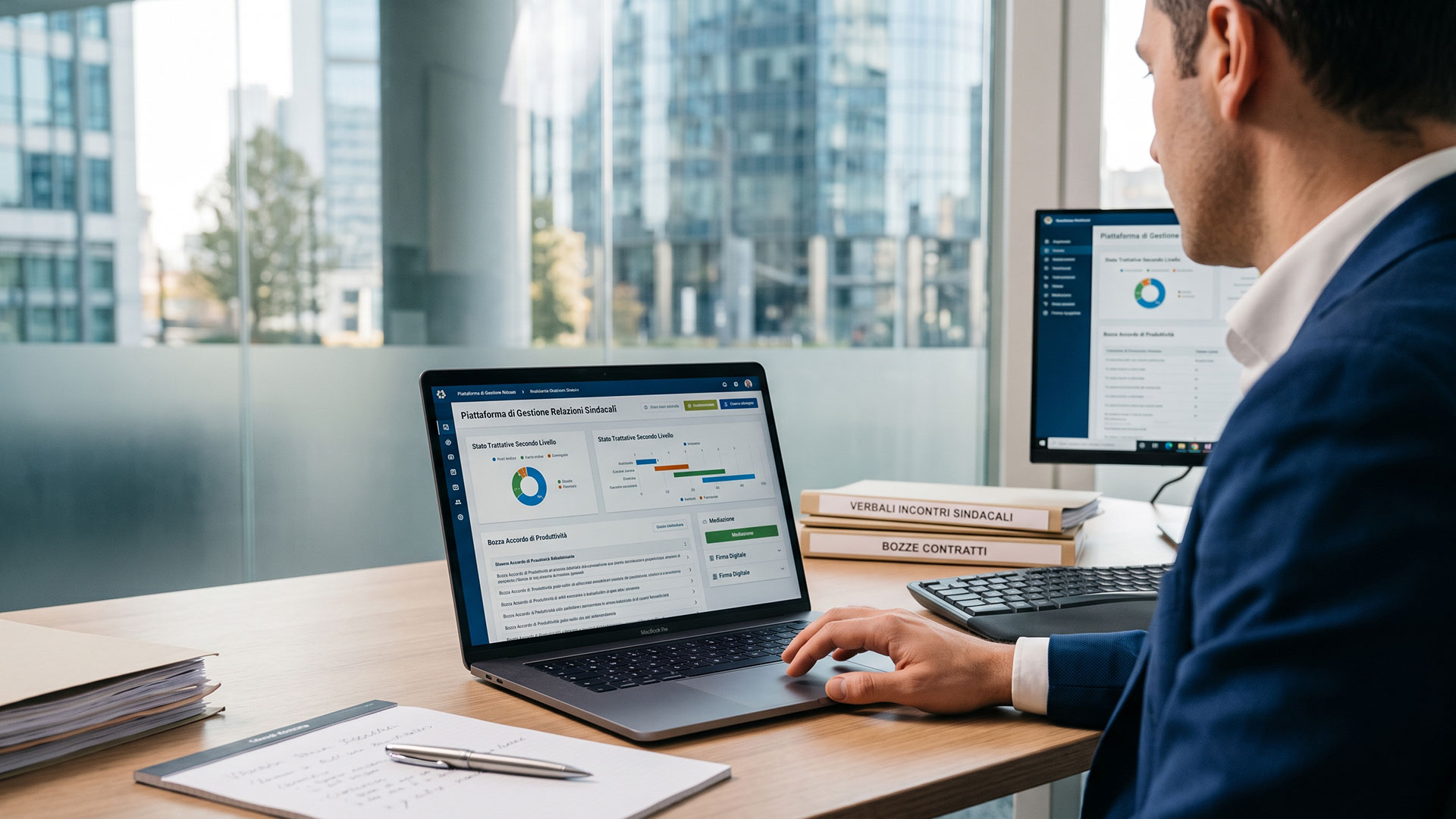 Professionista al computer per la gestione delle relazioni sindacali e contrattazione di secondo livello.