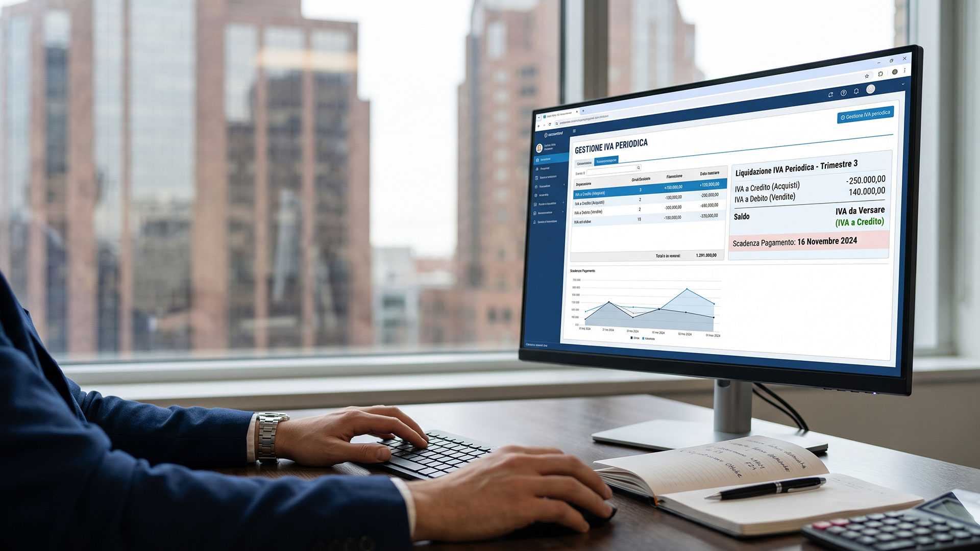 Professionista gestisce le liquidazioni IVA periodiche tramite software contabile per monitorare il saldo Iva.