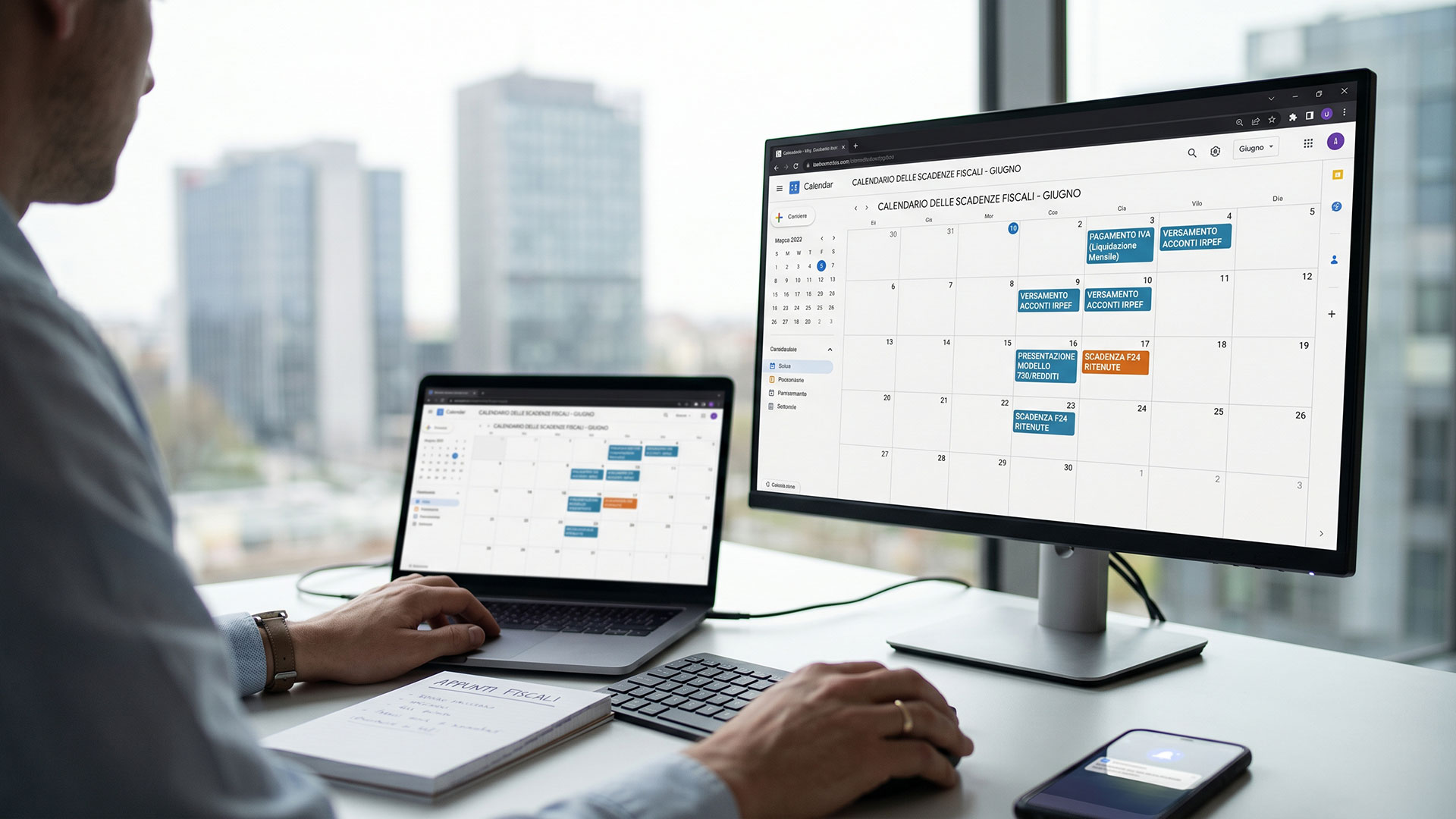 Professionista pianifica e monitora il calendario delle scadenze fiscali e dei pagamenti tributari su PC.