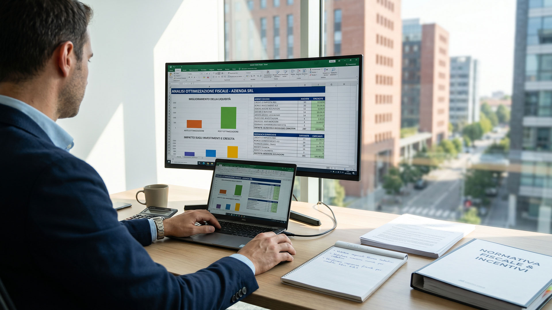 Professionista analizza su monitor e laptop grafici e dati per l'ottimizzazione del carico fiscale dell'azienda.