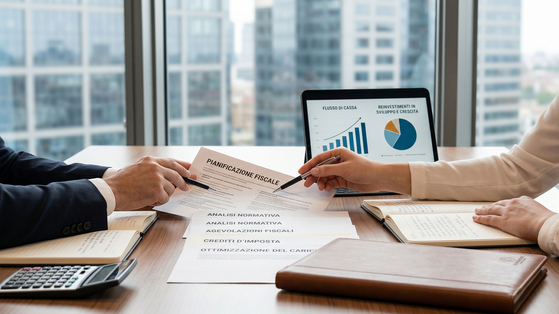 Professionisti analizzano documenti e grafici per la pianificazione fiscale aziendale.