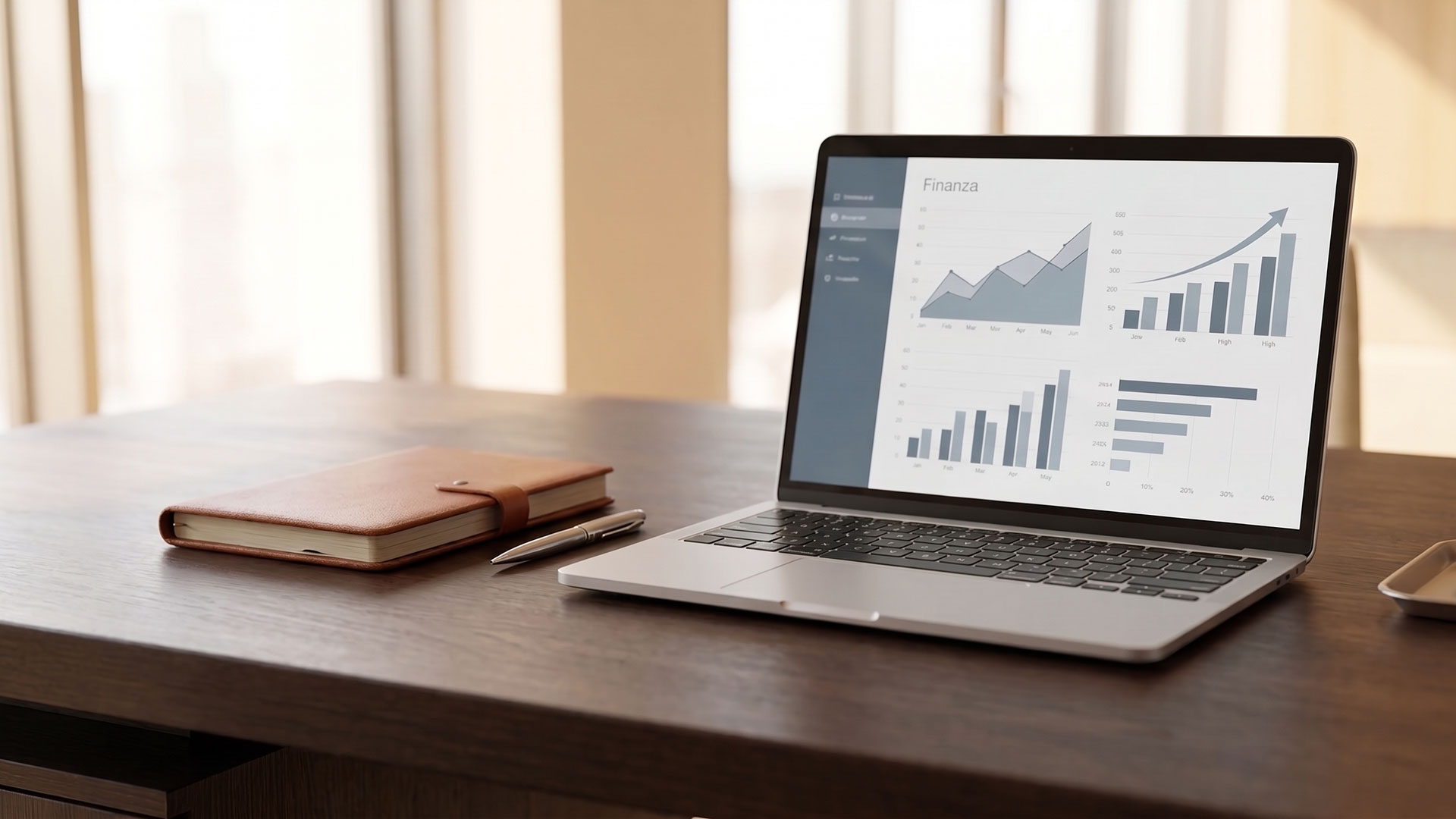 Laptop con grafici finanziari e agenda su scrivania per la pianificazione e ottimizzazione fiscale