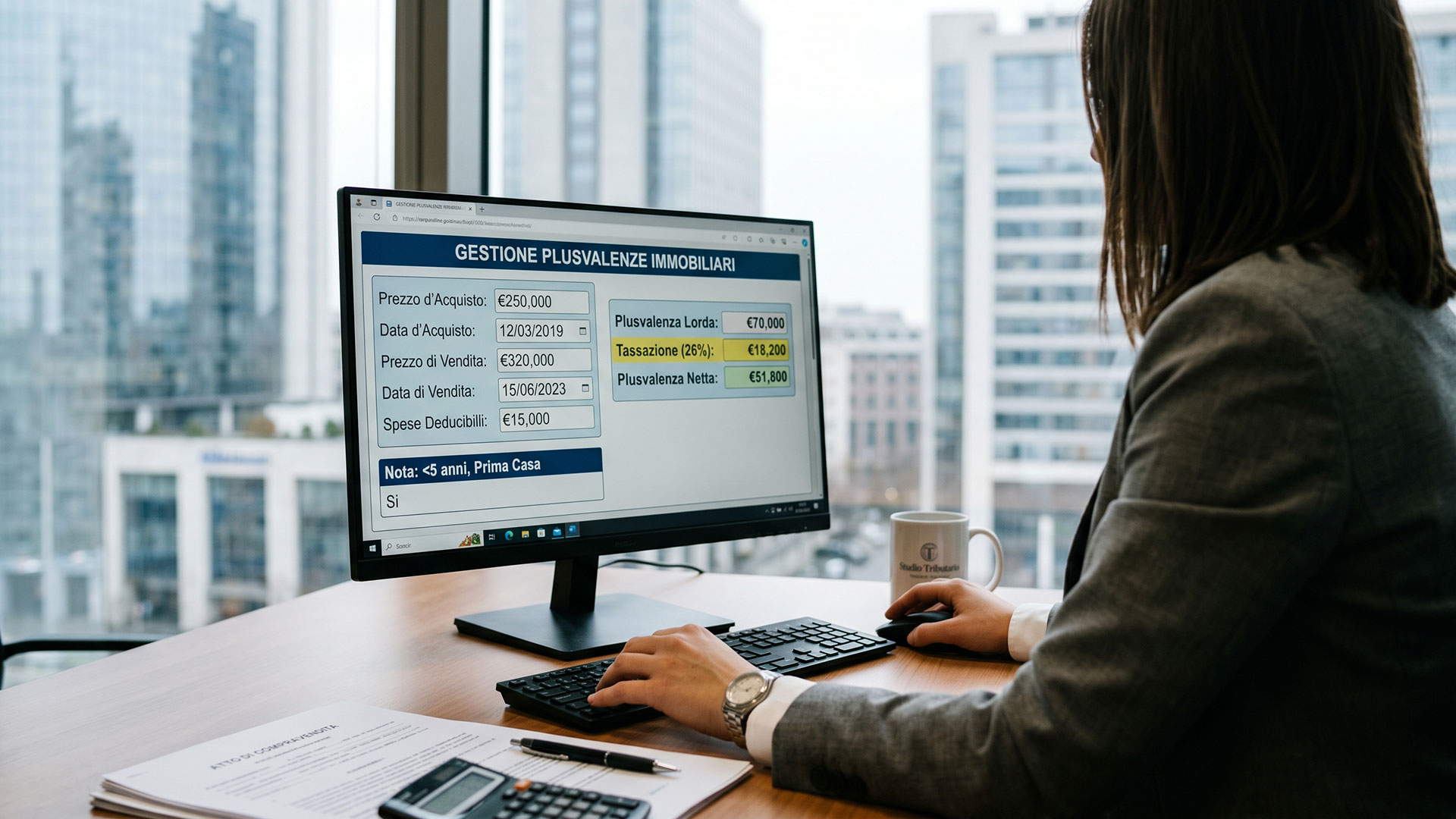 Professionista analizza il calcolo della tassazione sulle plusvalenze immobiliari tramite software gestionale in ufficio.