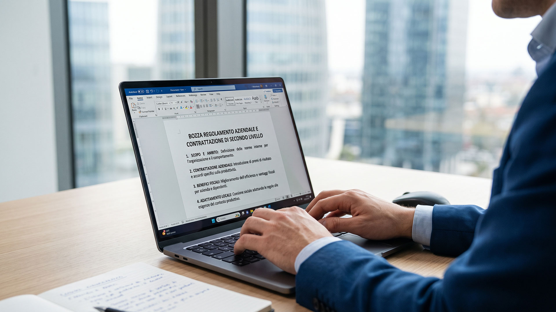 Stesura al laptop della bozza di regolamento aziendale e della contrattazione di secondo livello per dipendenti.