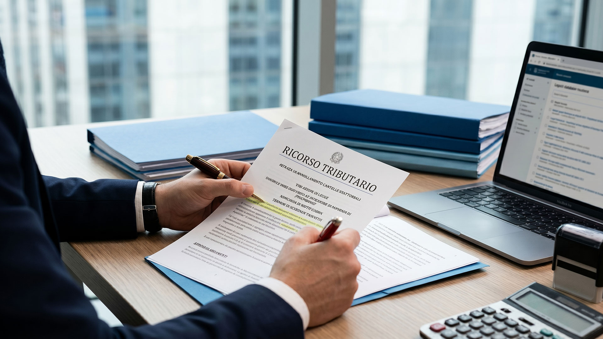 Professionista esperto firma un atto di ricorso tributario per opporsi a un provvedimento dell'Agenzia delle Entrate.