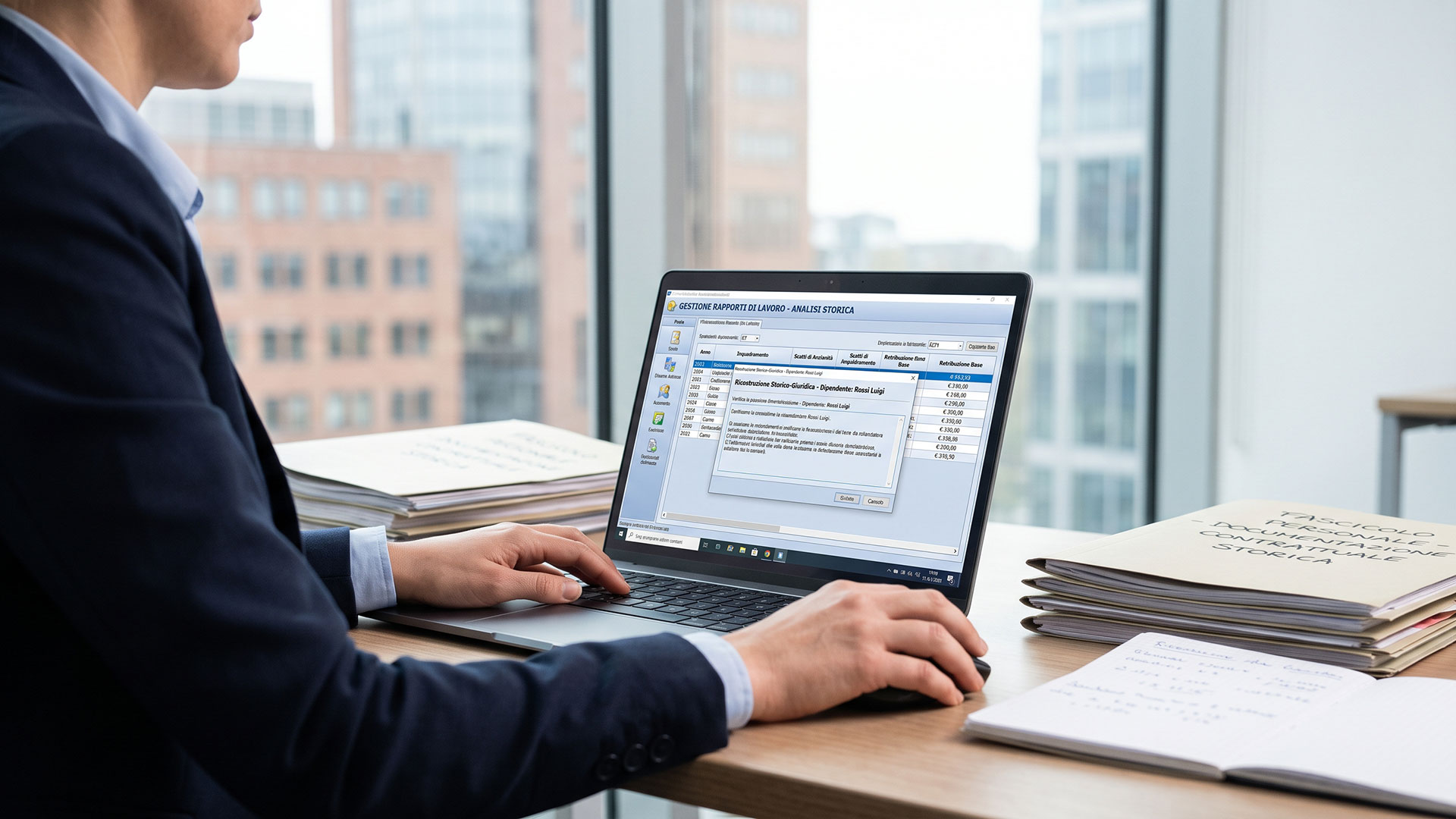 Professionista al computer esegue l'analisi e la ricostruzione storico-giuridica del rapporto di lavoro di un dipendente.