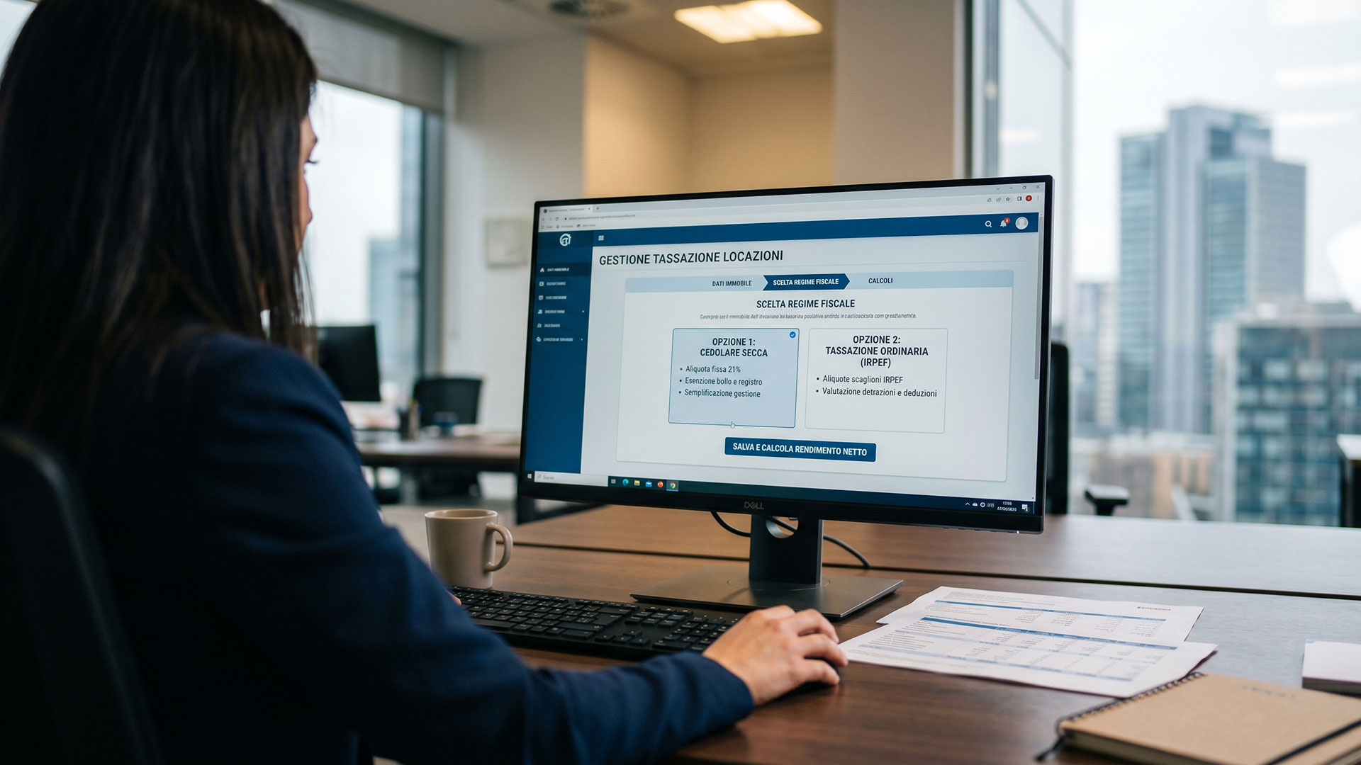 Professionista analizza le opzioni di tassazione delle locazioni tra cedolare secca e regime ordinario su software gestionale.