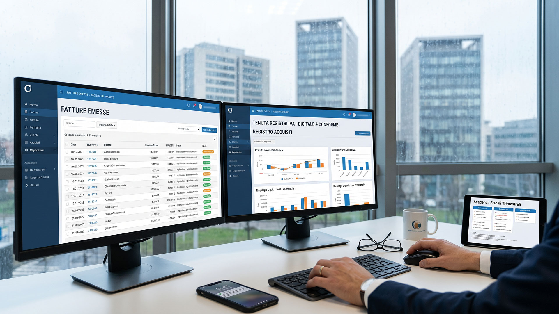 Professionista gestisce la tenuta dei registri IVA, fatture emesse e acquisti, utilizzando una postazione multi-monitor.