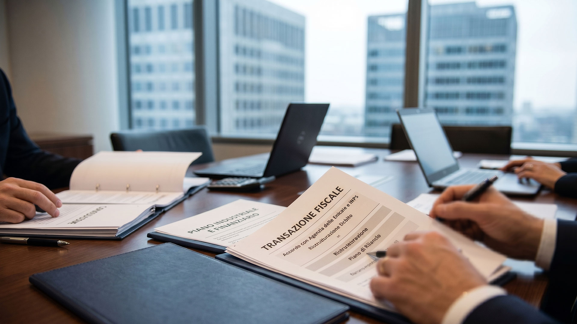 Professionisti firmano l'atto di transazione fiscale per l'accordo definitivo con Agenzia delle Entrate e INPS.