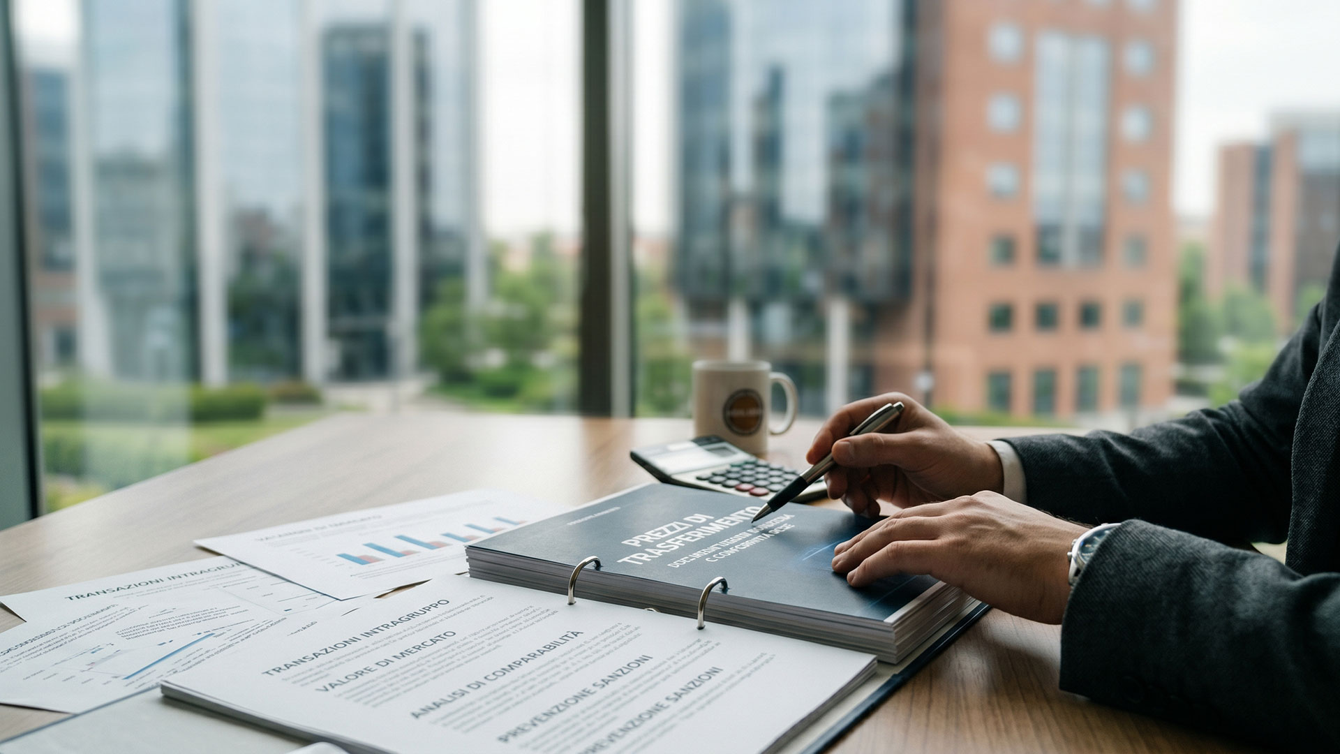 Professionista revisiona documentazione tecnica e analisi di conformità OCSE per il transfer pricing in un ufficio aziendale.
